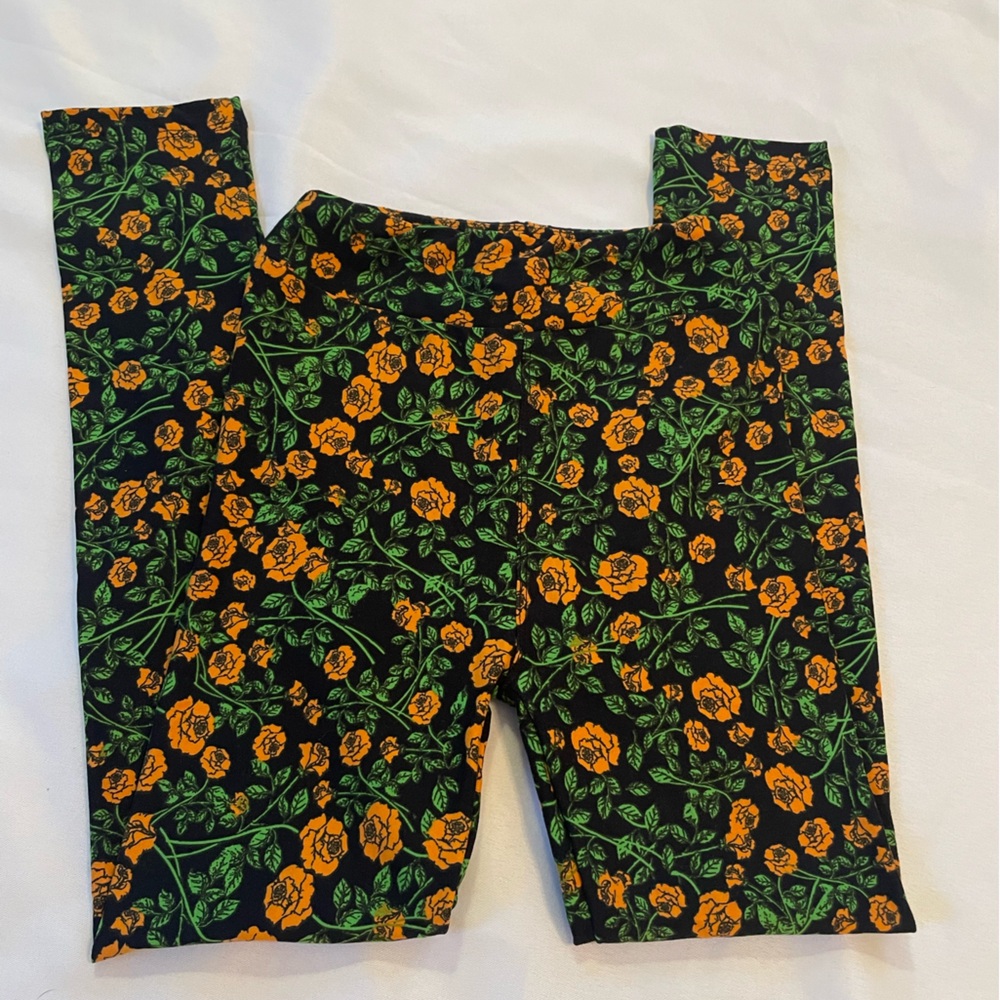 LuLaRoe‎ Kids Black and Orange Floral Soft Leggings, NWOT, Sz L/XL (approx 8-14)